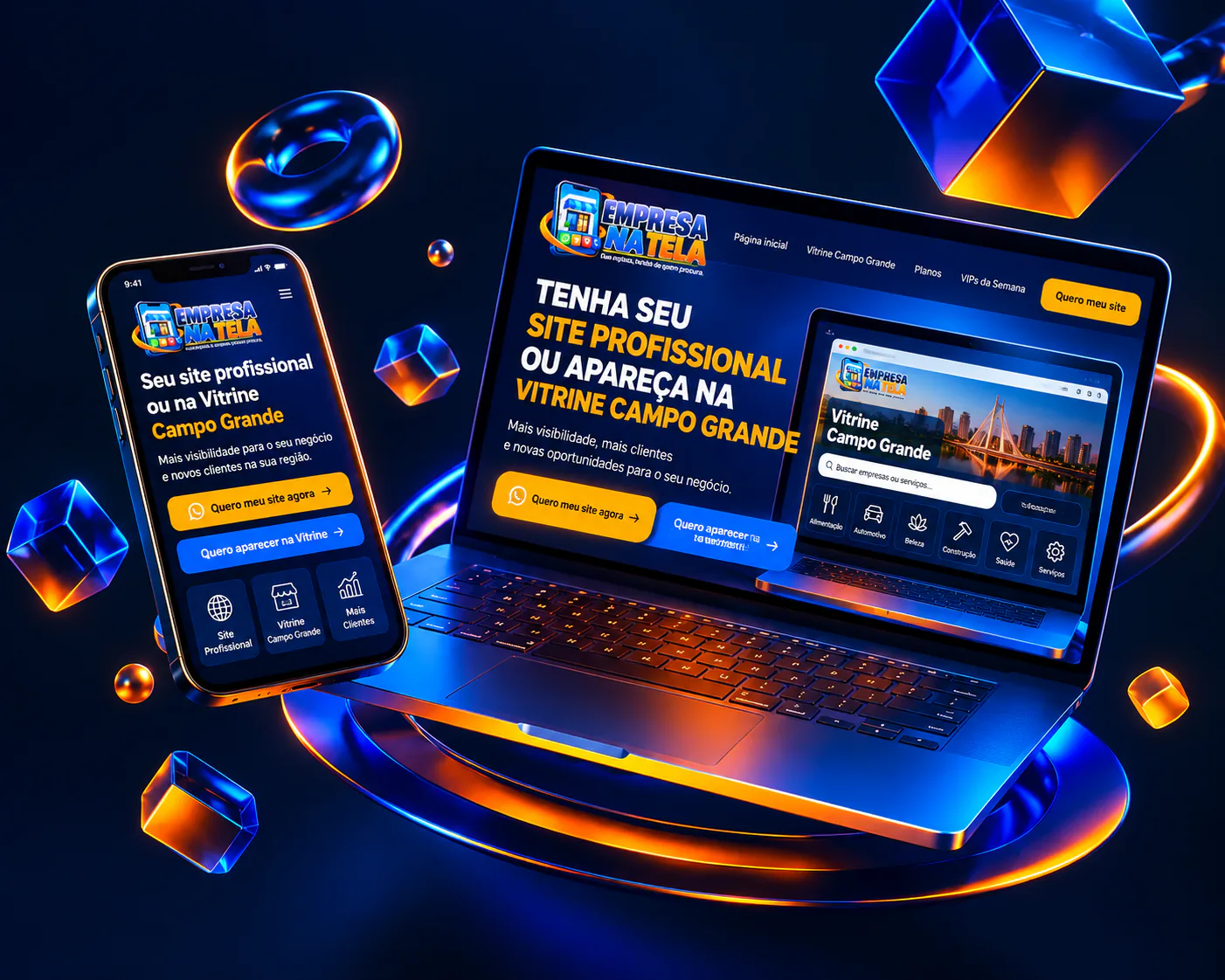Notebook e celular mostrando a vitrine de empresas, profissionais e serviços de Campo Grande na plataforma Empresa na Tela